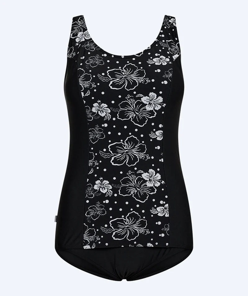 Watery Badeanzug mit Blumen für Damen in Plus Size - Vale - Schwarz/Weiß