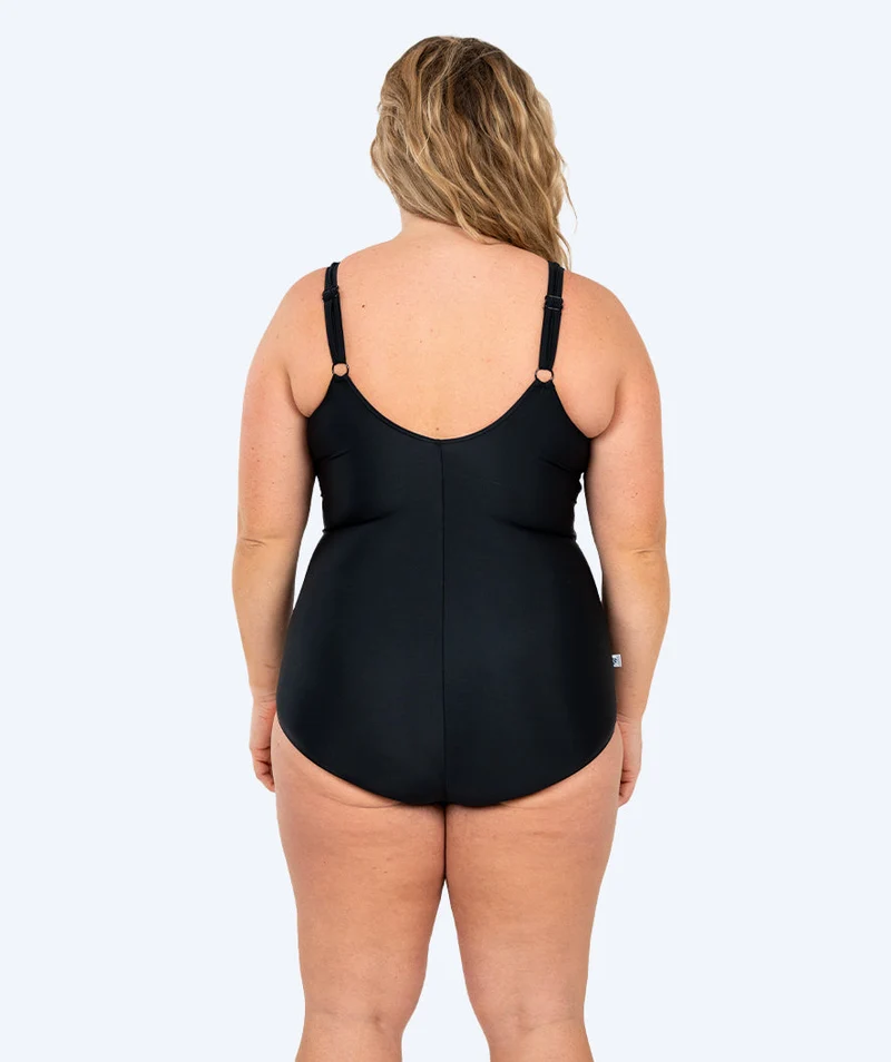 Watery Badeanzug mit Blumen für Damen in Plus Size - Vale - Schwarz/Lila