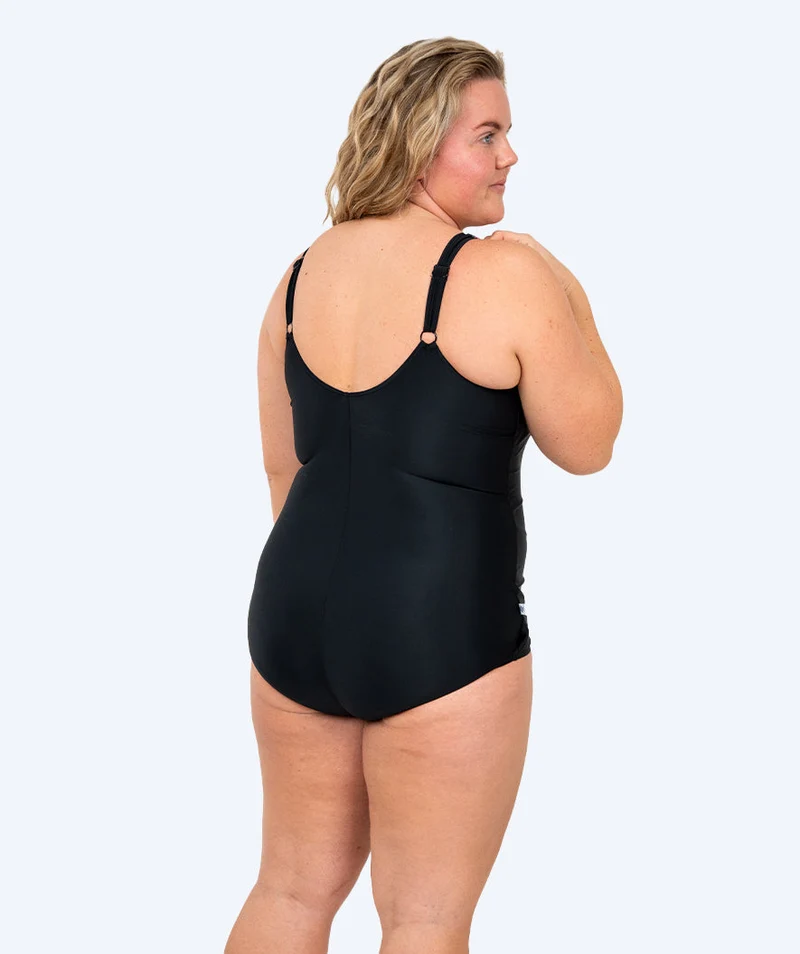 Watery Badeanzug mit Blumen für Damen in Plus Size - Vale - Schwarz/Lila