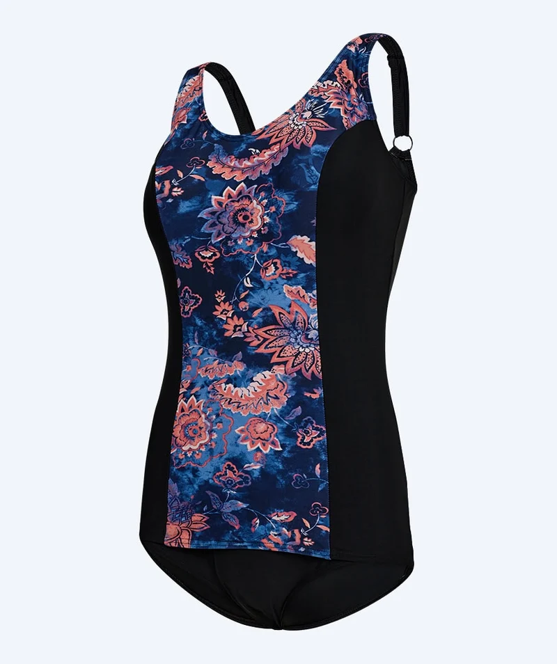 Watery Badeanzug mit Blumen für Damen in Plus Size - Vale - Schwarz/Lila