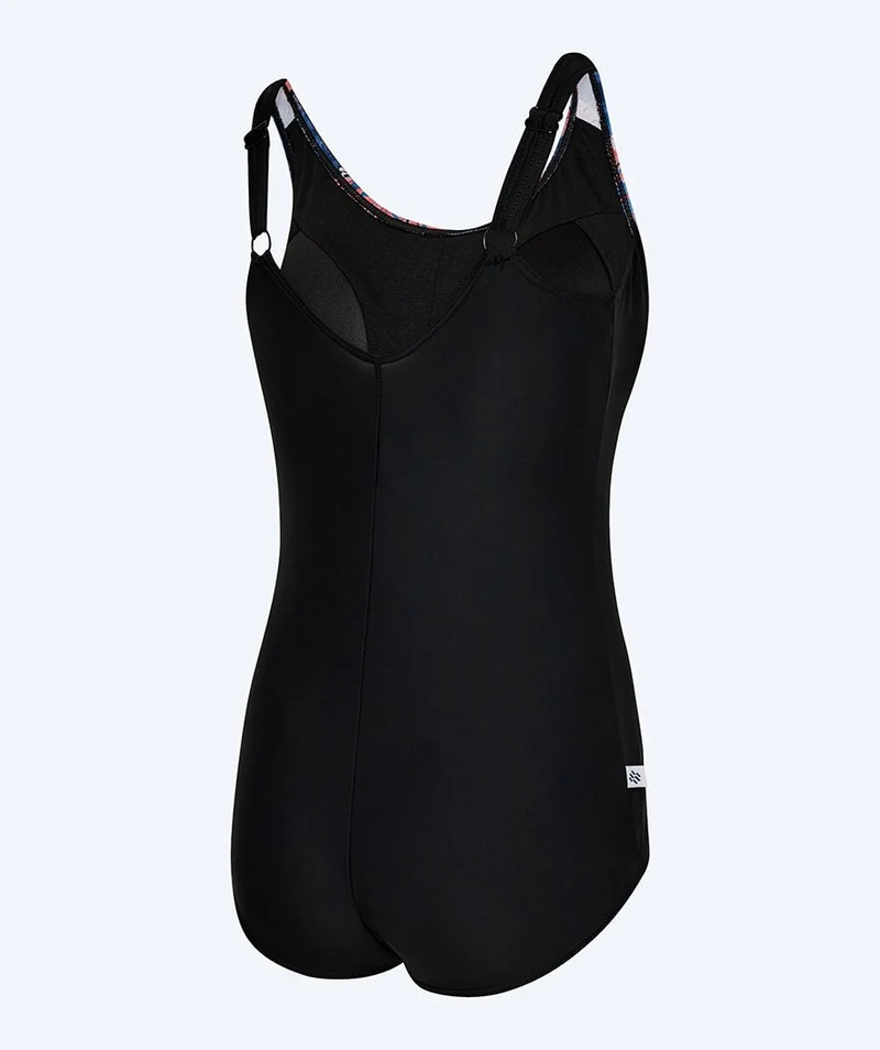 Watery Badeanzug mit Blumen für Damen in Plus Size - Vale - Schwarz/Lila
