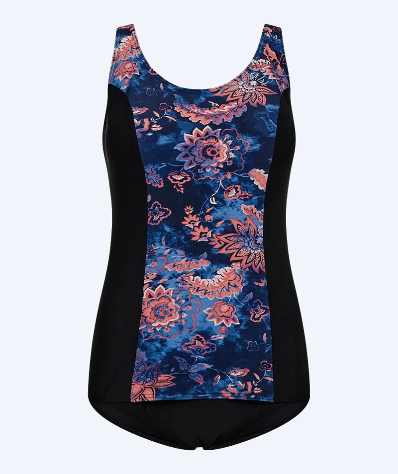 Watery Badeanzug mit Blumen für Damen in Plus Size - Vale - Schwarz/Lila