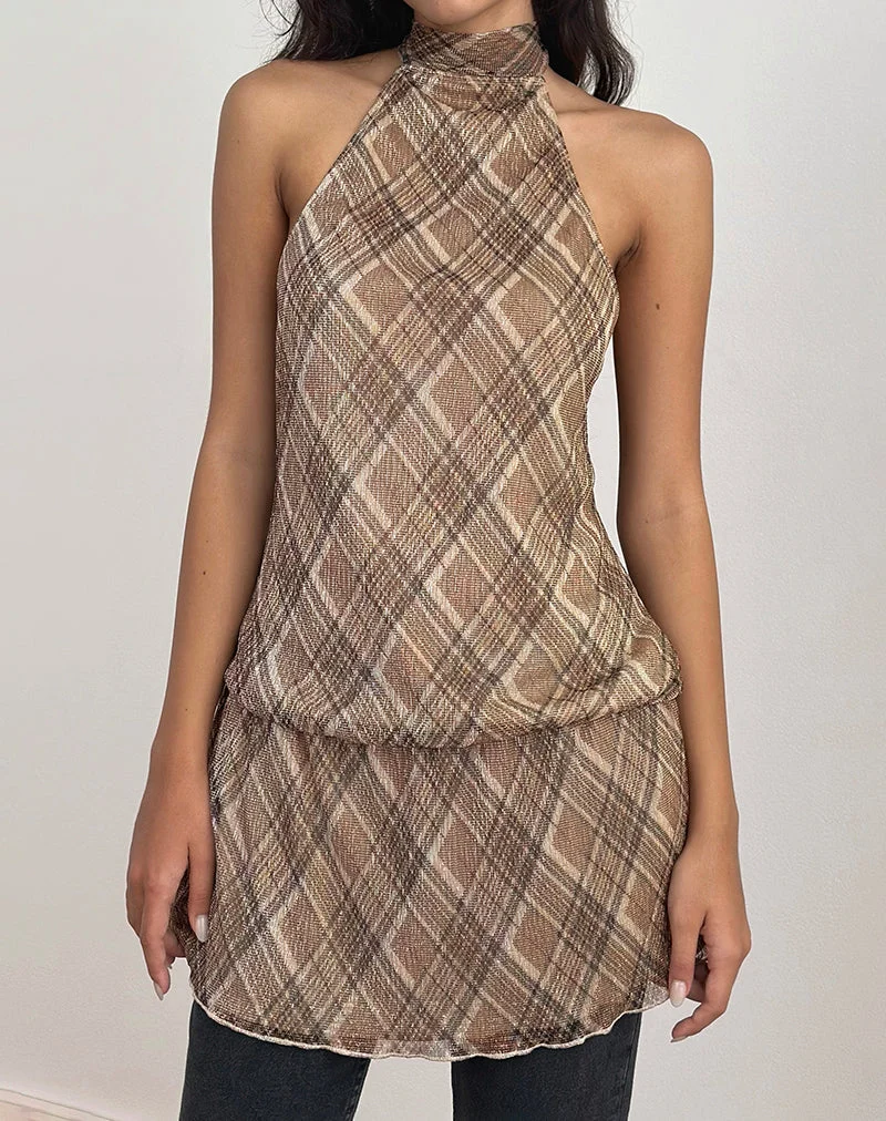 Briani Neckholderkleid aus kariertem Plissee Braun