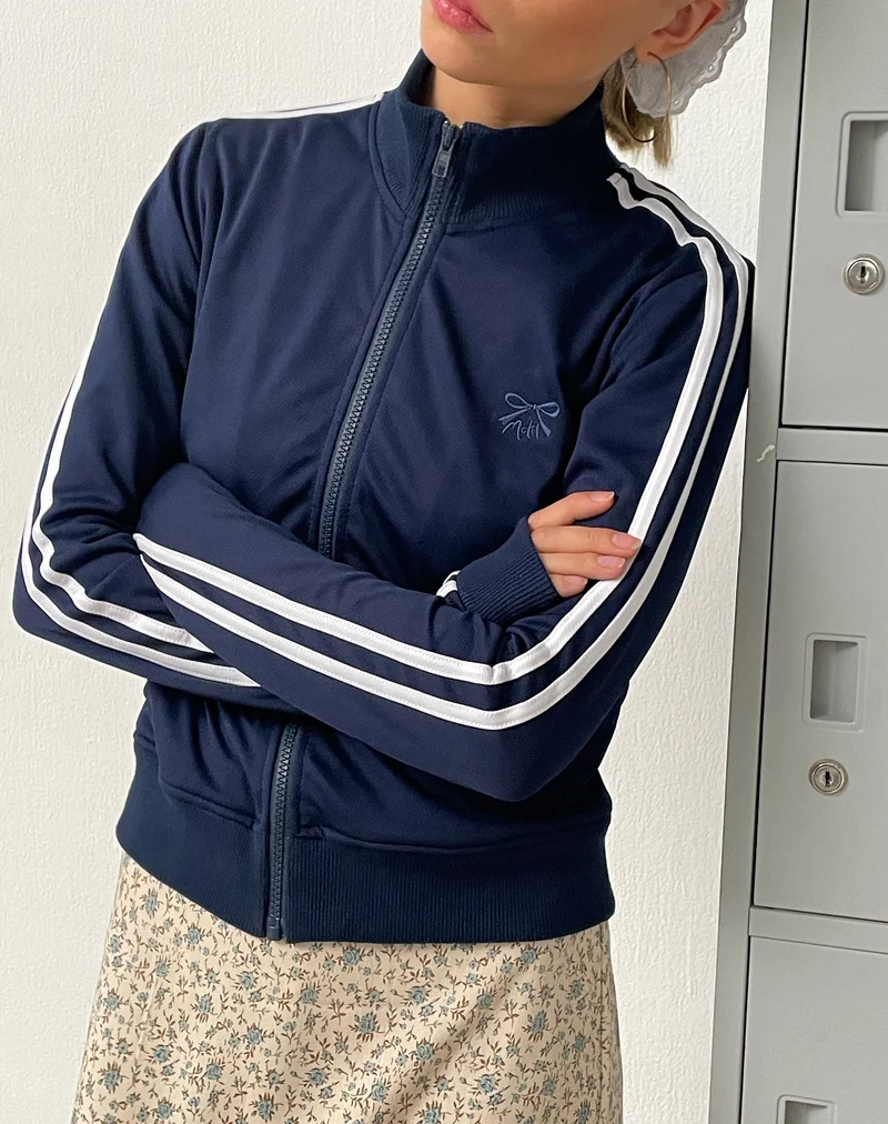 Orion Zip Up Pullover in Navy mit weißen Streifen und M-Stickerei