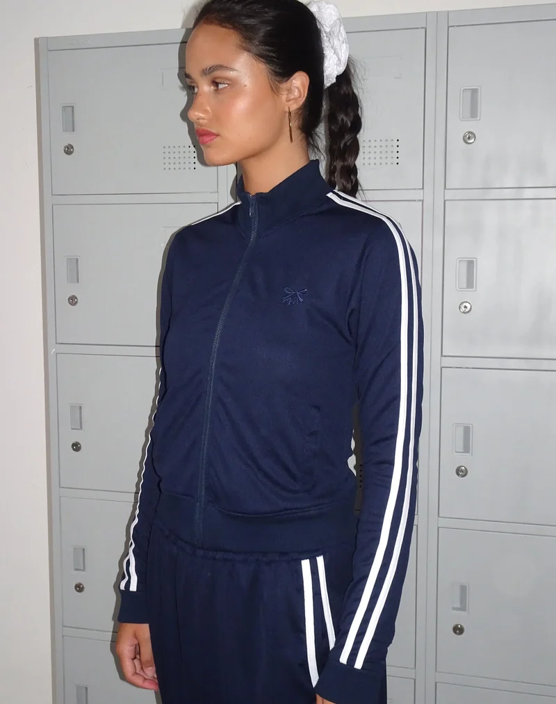 Orion Zip Up Pullover in Navy mit weißen Streifen und M-Stickerei
