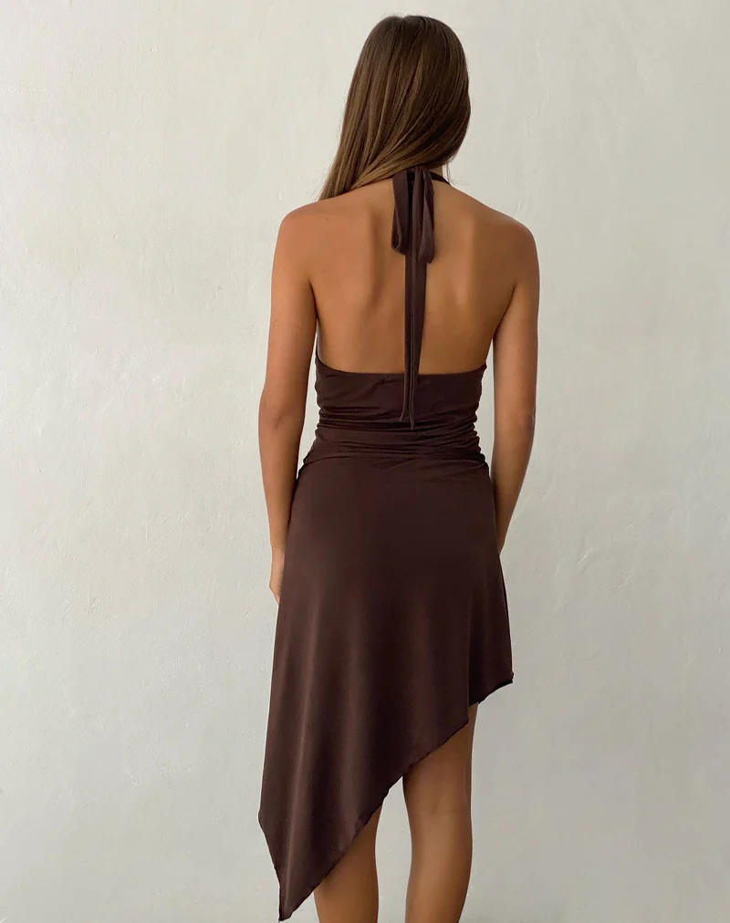 Ruebelle Asymmetrisches Midikleid mit Rundhalsausschnitt in Mocca