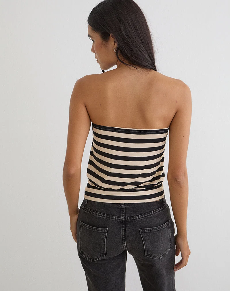 Leocadia Bandeau-Top aus Cupro mit Streifen in Schwarz und Elfenbein