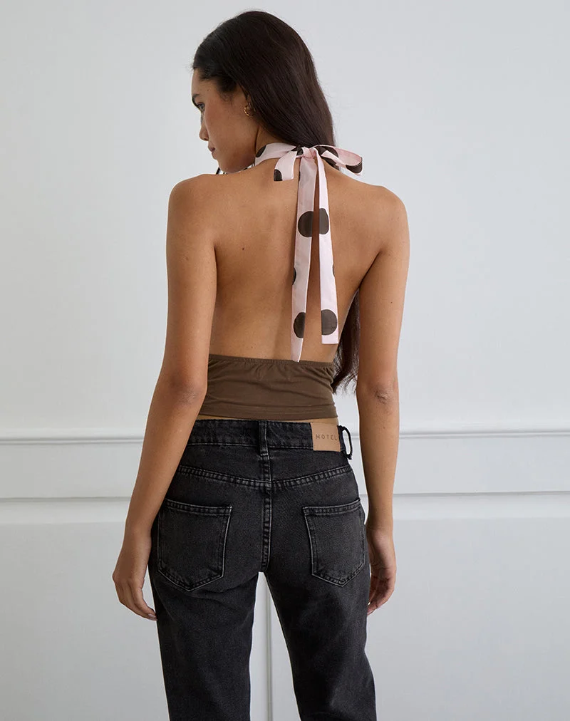 Rania-Top mit offenem Rücken aus rosa Chiffon mit auffälligem Polka-Print