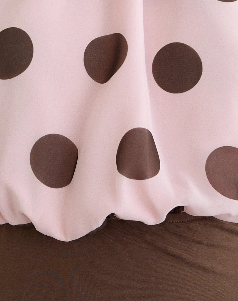Rania-Top mit offenem Rücken aus rosa Chiffon mit auffälligem Polka-Print