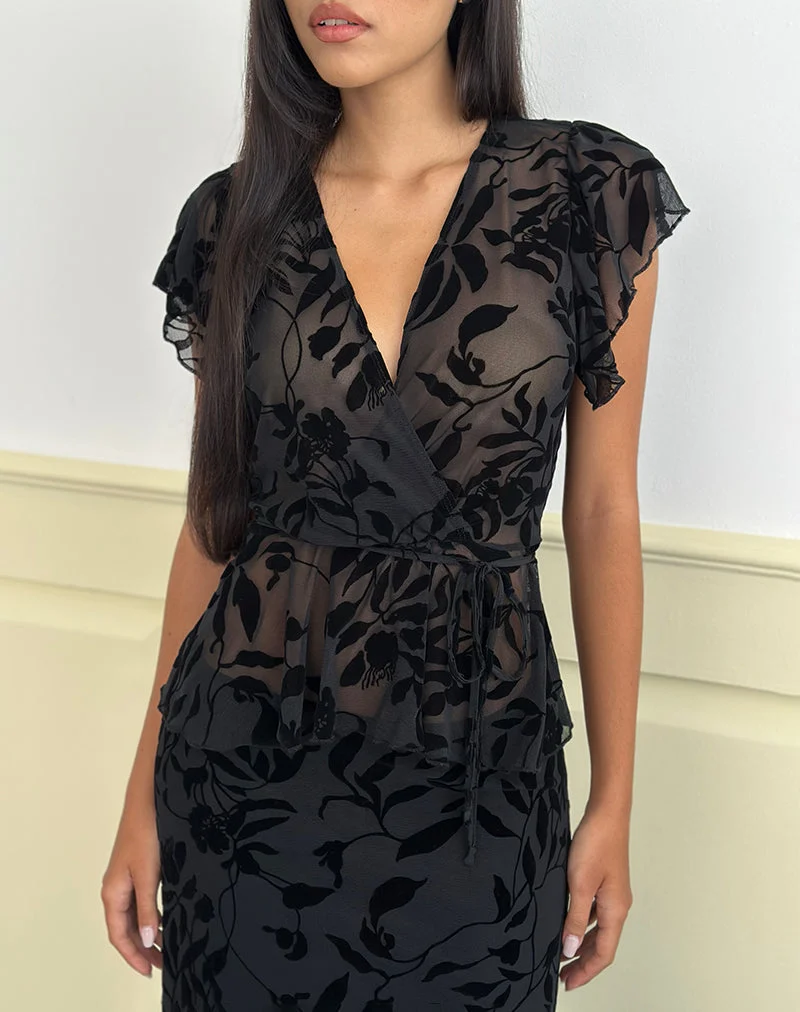 Giuliana Wickeltop aus Flock-Blatt-Blume Schwarz