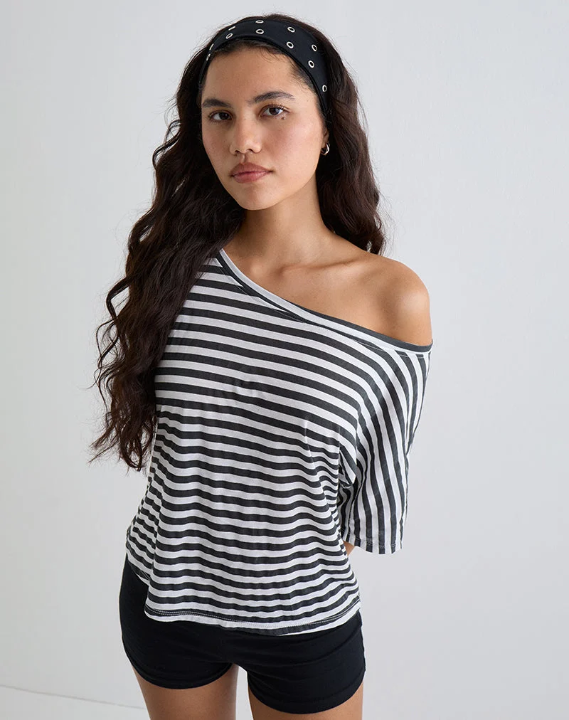 Daman schulterfreies Basic-Top in Elfenbein mit anthrazitfarbenen Streifen