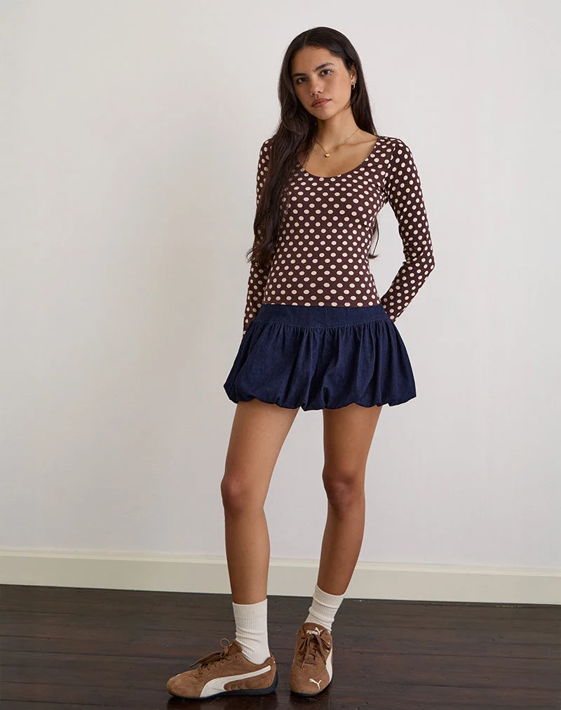 Rumini Langarm-Top in Braun mit kleiner Polka-Creme