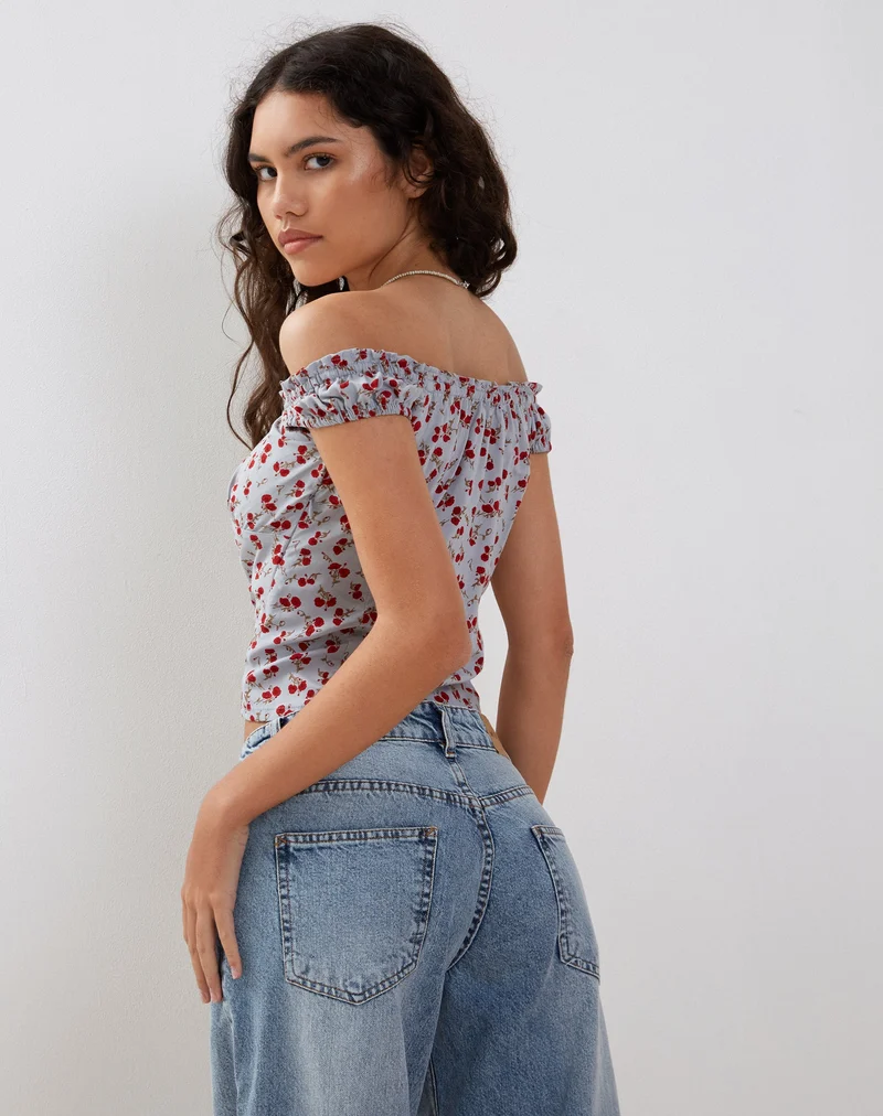 Citra Bardot-Rüschen-Top in Blau Floral Ditsy
