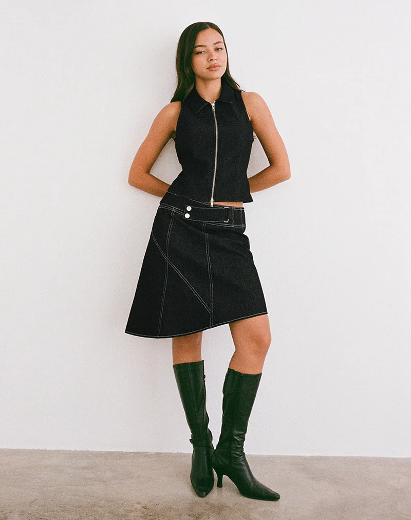 Hayashi Asymmetrischer Midirock aus Denim mit schwarzer Waschung