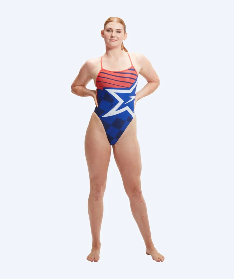 Speedo Badeanzug für Damen - Placement Digital V-Back - Dunkelblau/Rot