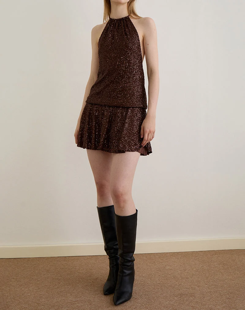 Veloria Minikleid aus Drapierung Pailletten Braun