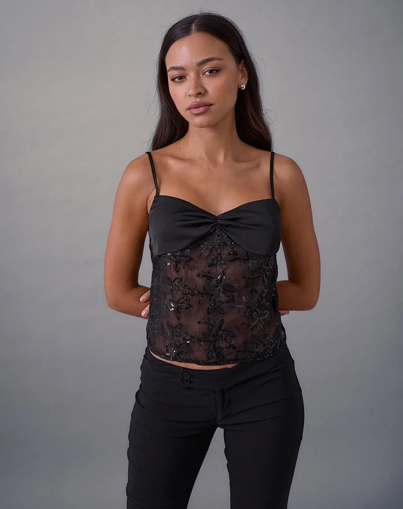 Rikasu Top aus floralem Chiffon mit Pailletten Schwarz
