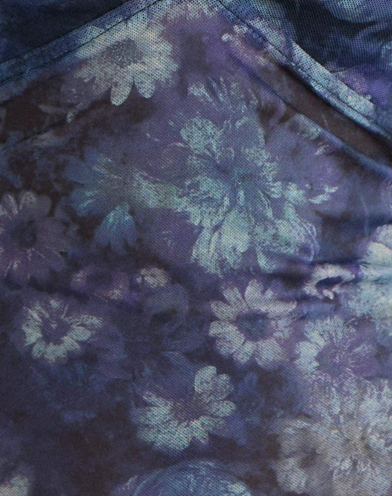 Yamuna Langarm-Oberteil in Dunkelblau mit kunstvollem Blumenmuster aus Mesh