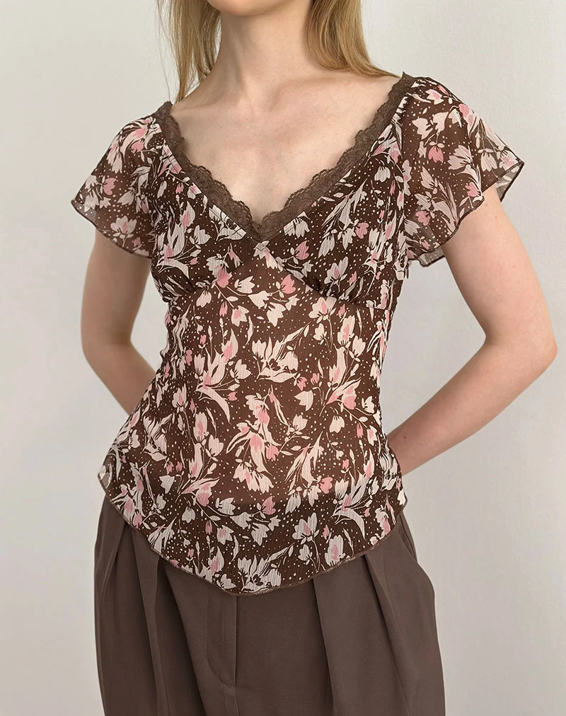 Misaki Top aus Chiffon Polka Flower Braun