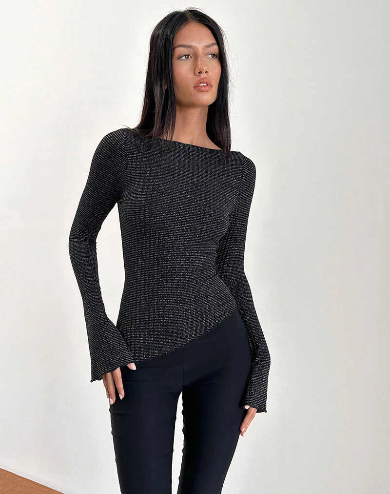 Lukia Langarm-Top aus metallisch gestreiftem Jersey Schwarz