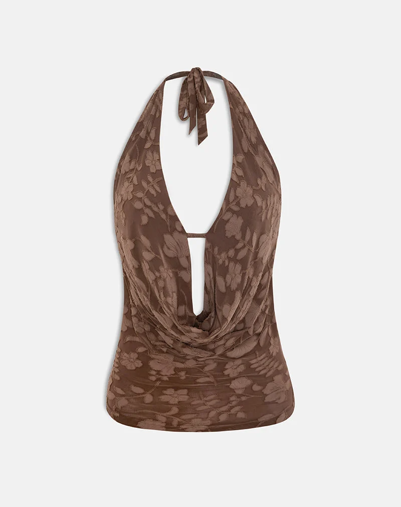 Yukari Plunge Top aus braunem Burnout-Netzstoff