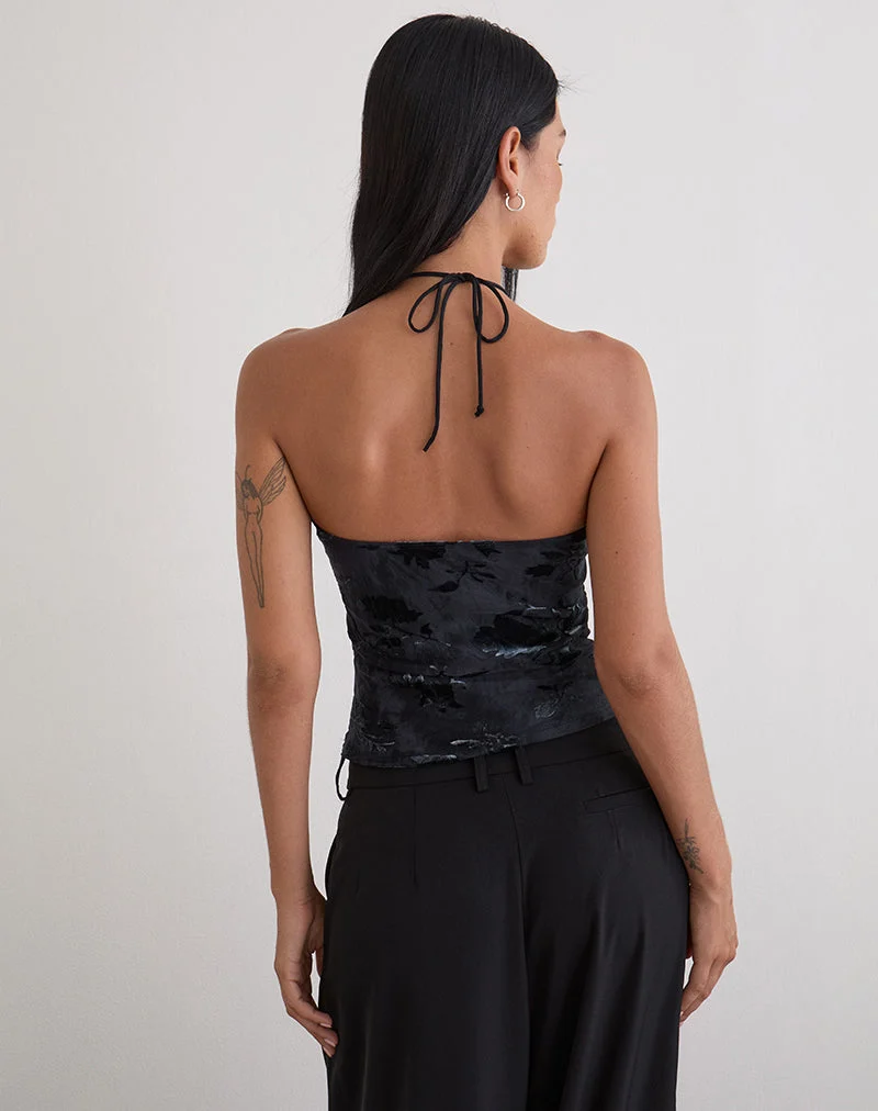 Daiki Neckholder-Top aus Blattsamt Dunkelblau