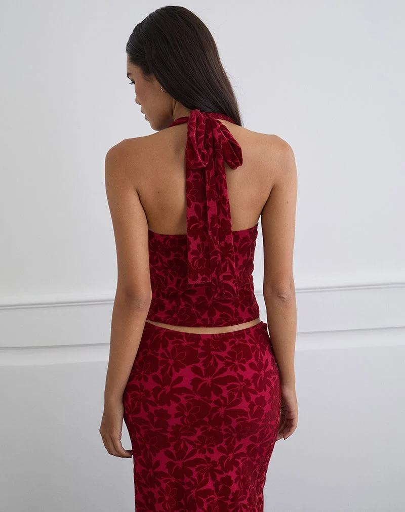 Clandy Cowl Top aus beflocktem Mesh Flower Cherry