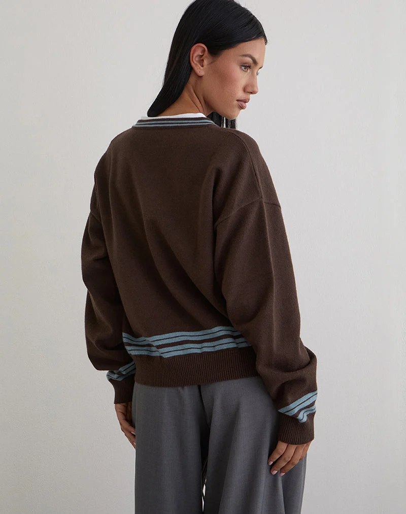 Yarnia Slouchy Pullover mit V-Ausschnitt in Braun und Blau