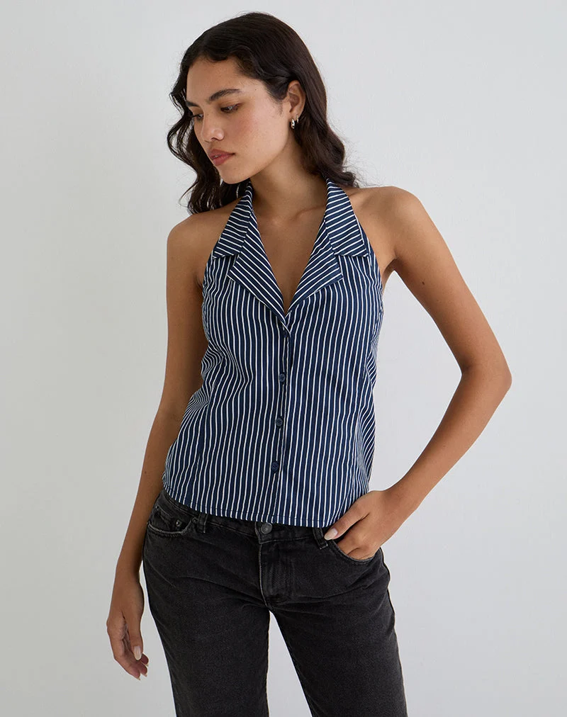 Mikanu Neckholder-Bluse in Nadelstreifen Navy