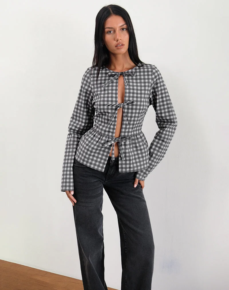 Bertaria Langarm-Top in Tonal Gingham Schwarz und Grau