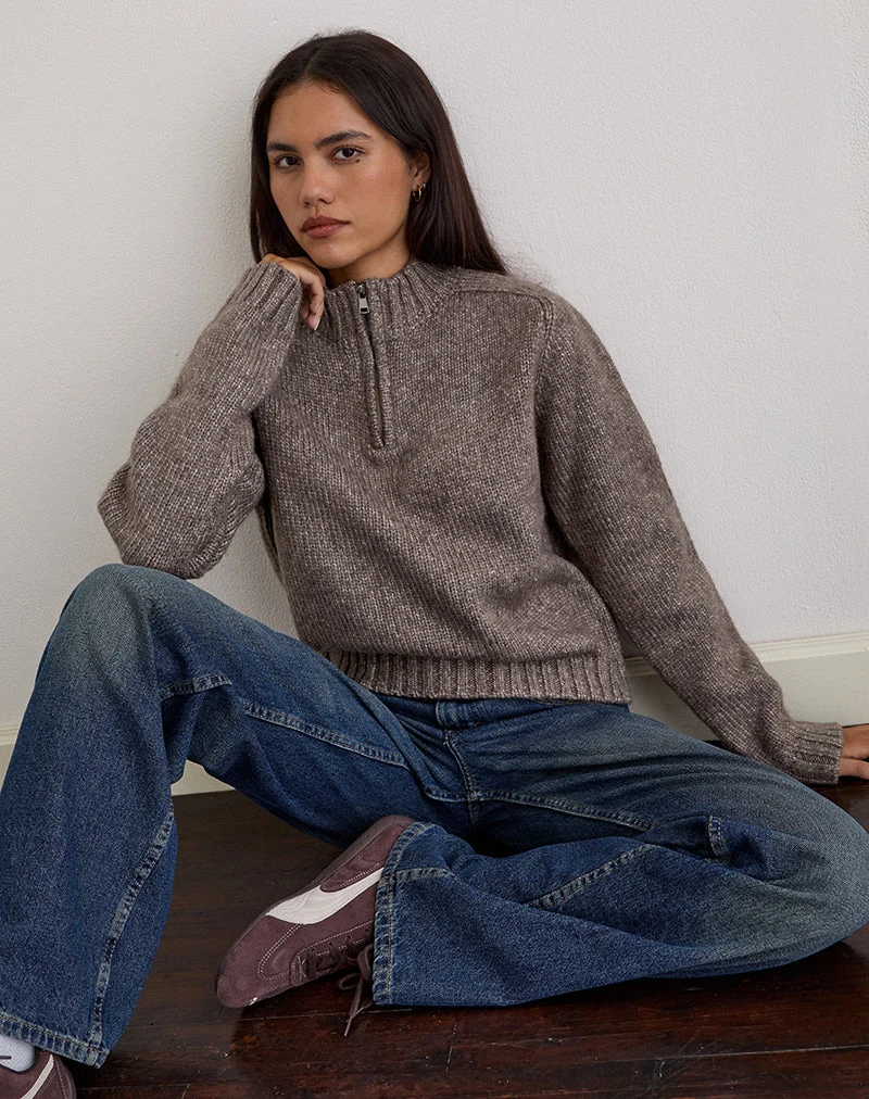 Lamara Quater Zip Pullover in Dunkelbraun Marl