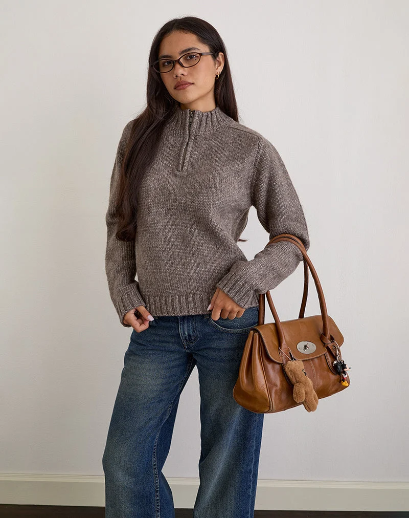 Lamara Quater Zip Pullover in Dunkelbraun Marl