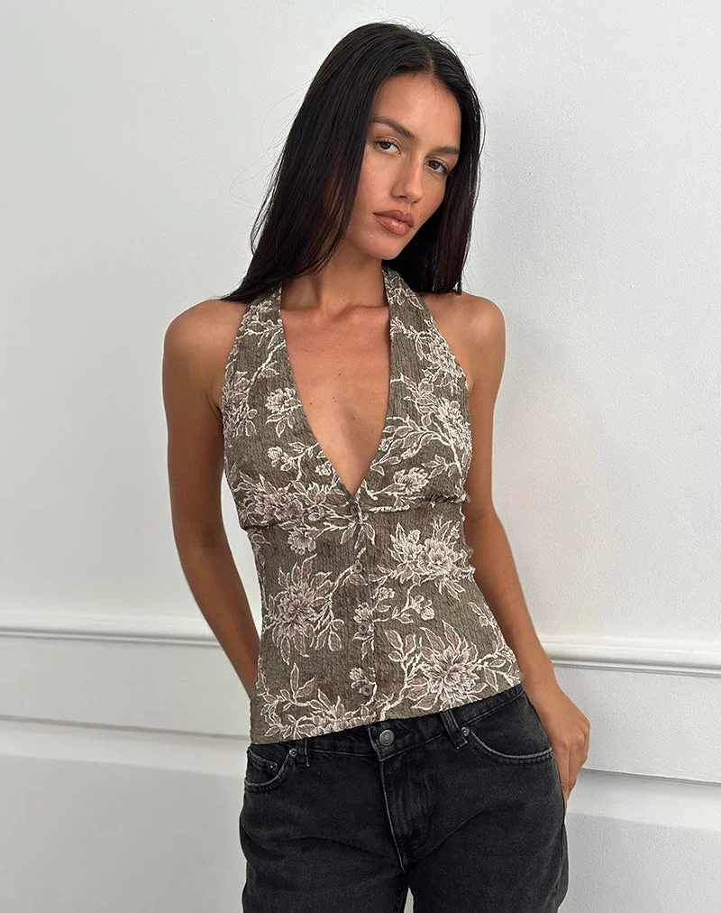 Mabli Neckholder-Top aus strukturiertem, gewebtem Floralgrün