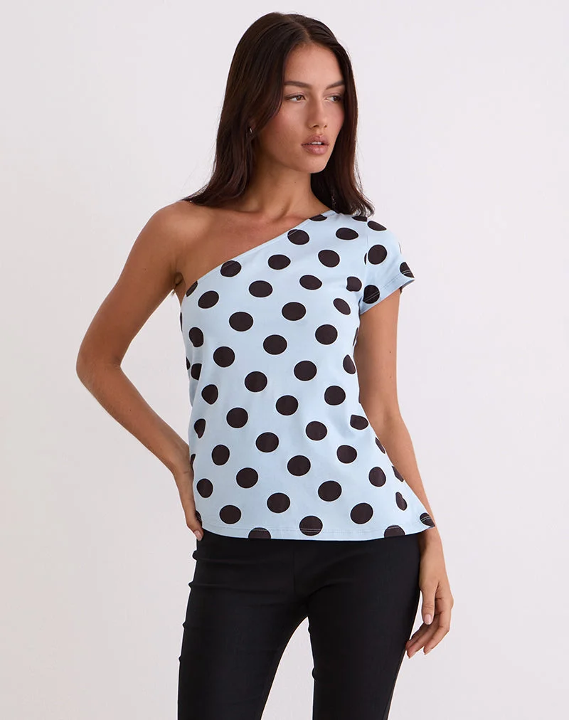 Tokiwa Asymmetric Shoulder Tee in Big Polka Blau Braun