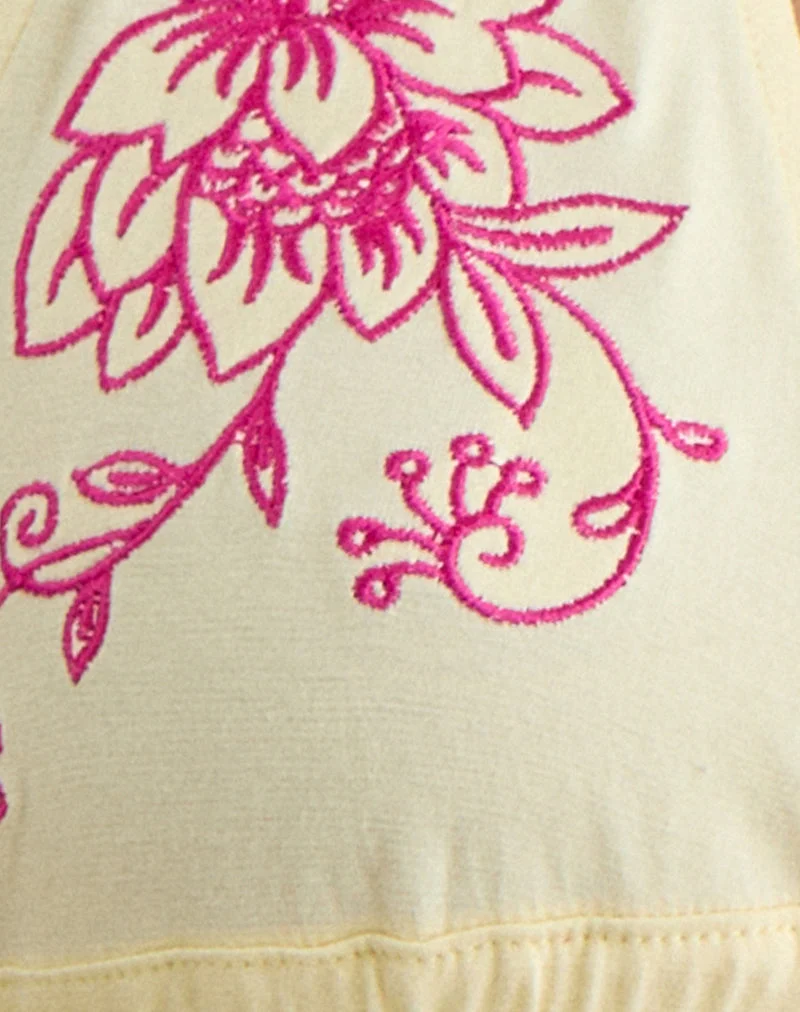 Kayria Krawatten-Top in Zitrone mit rosa Blumenstickerei