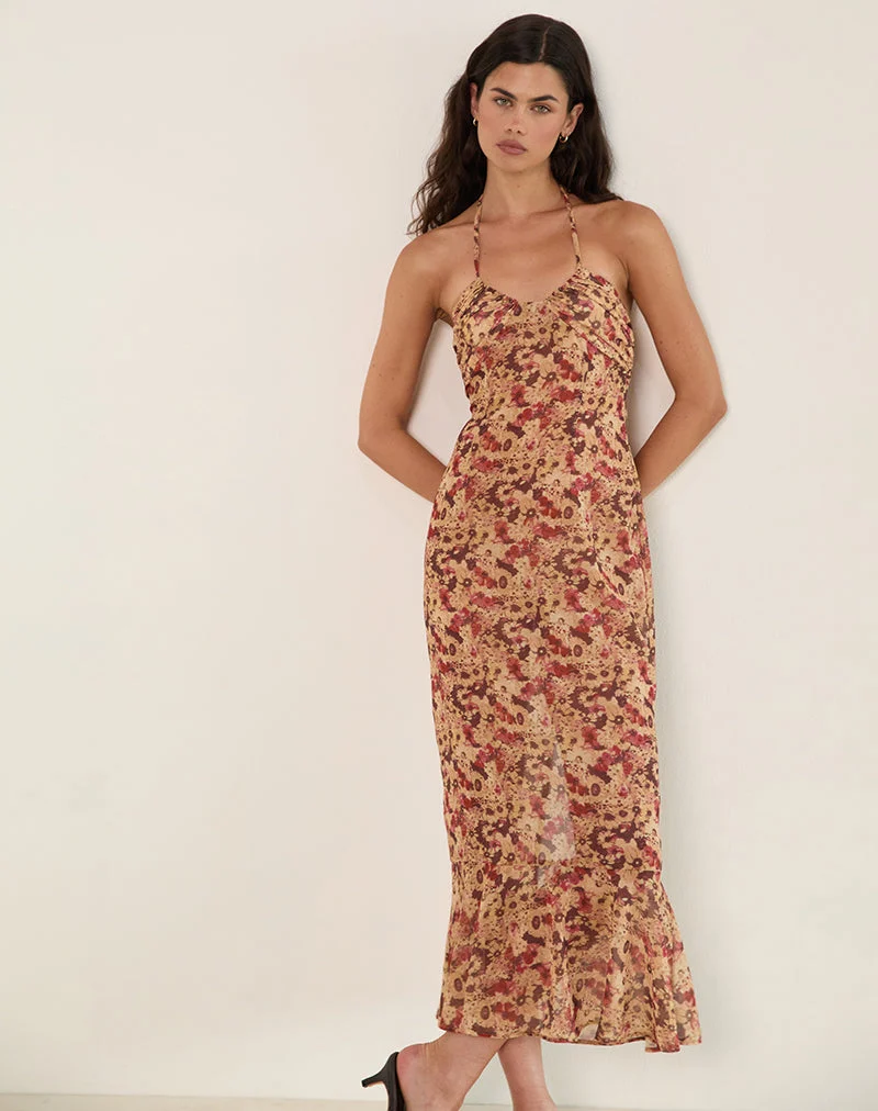 Alette Maxikleid mit Neckholder aus Chiffon mit rostiger Blume