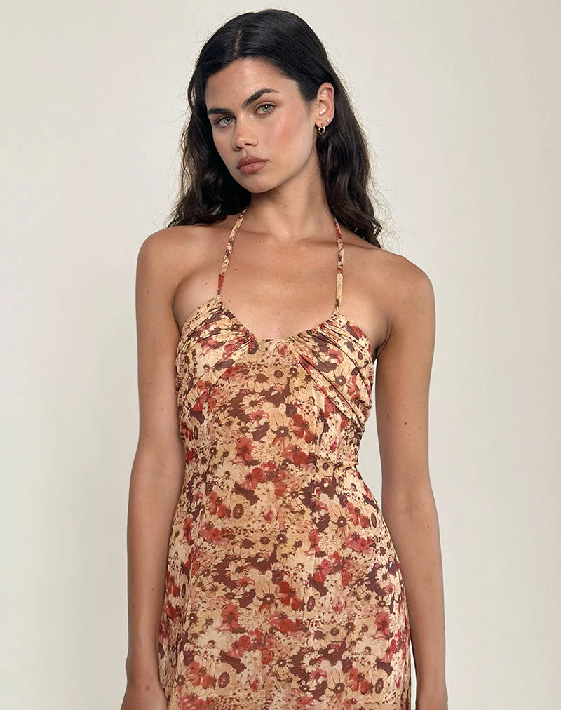Alette Maxikleid mit Neckholder aus Chiffon mit rostiger Blume