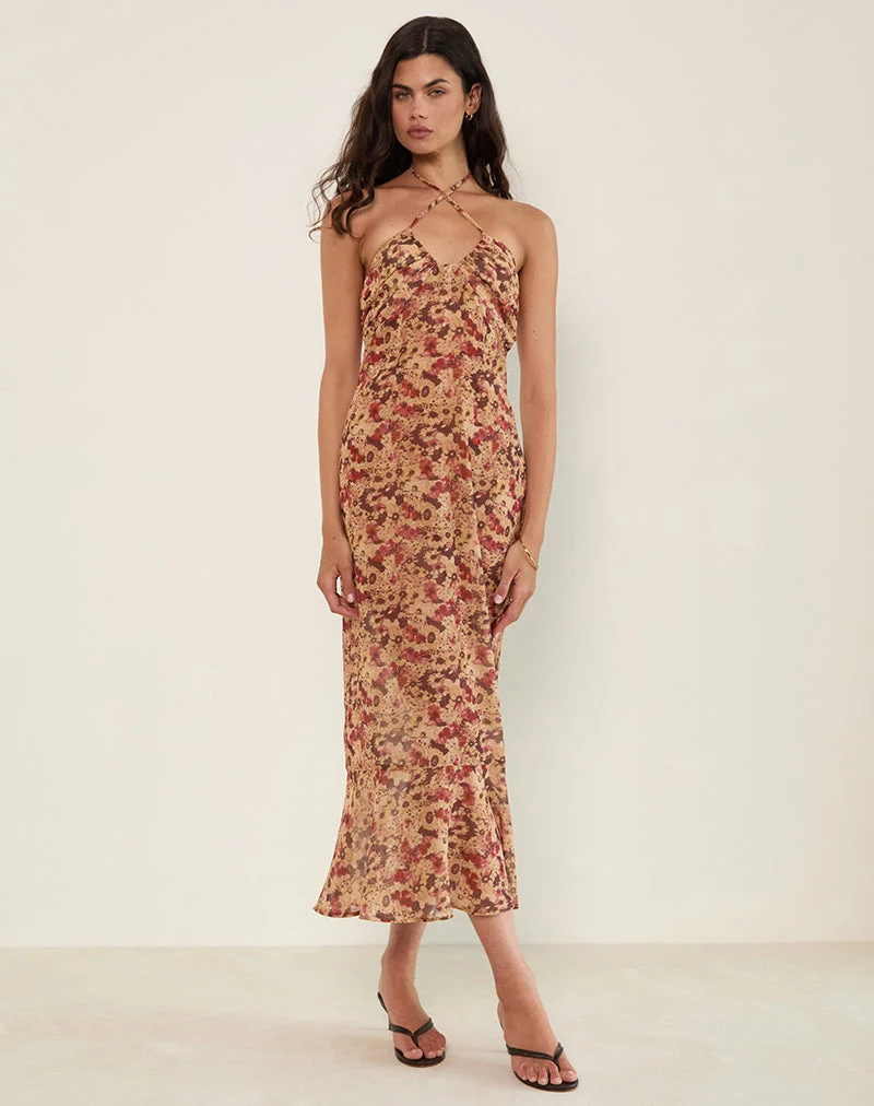 Alette Maxikleid mit Neckholder aus Chiffon mit rostiger Blume