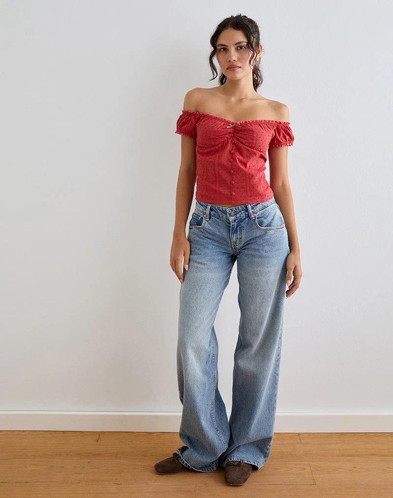 Fayra Bardot Korsett-Top aus Baumwolle Dobby Rot