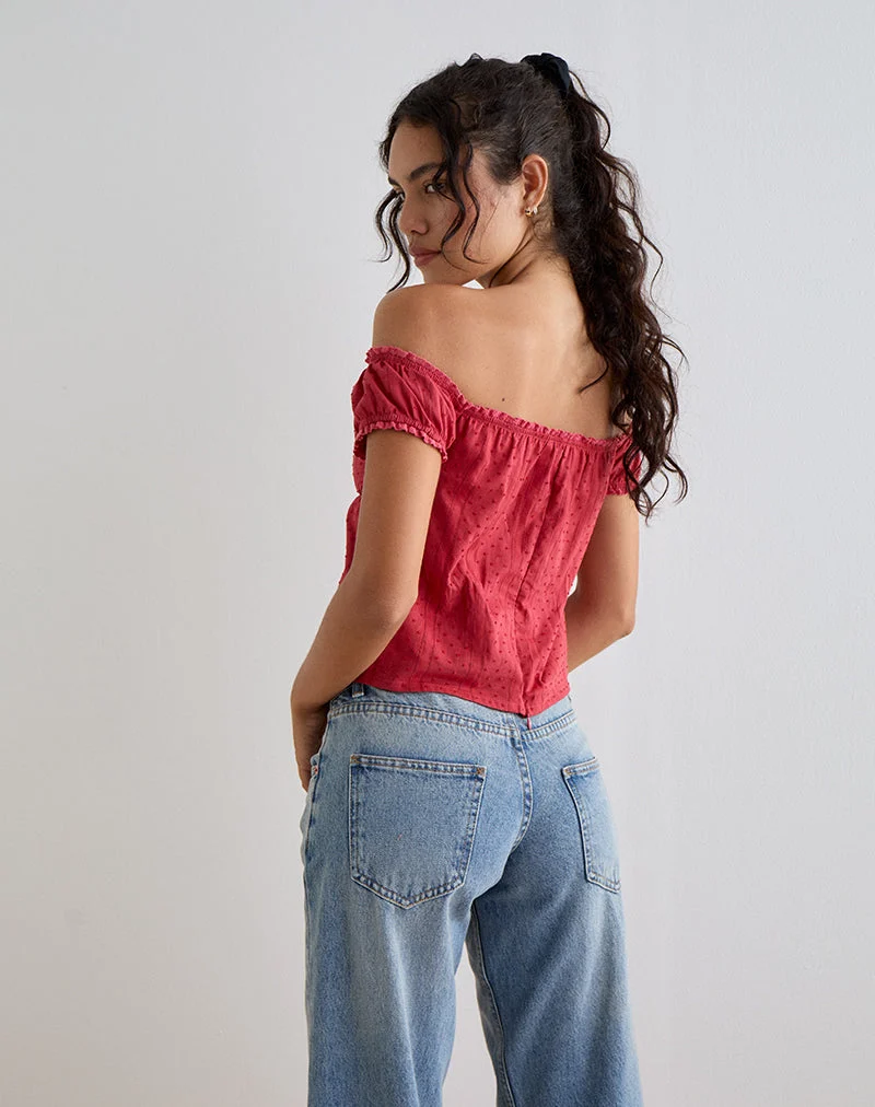 Fayra Bardot Korsett-Top aus Baumwolle Dobby Rot