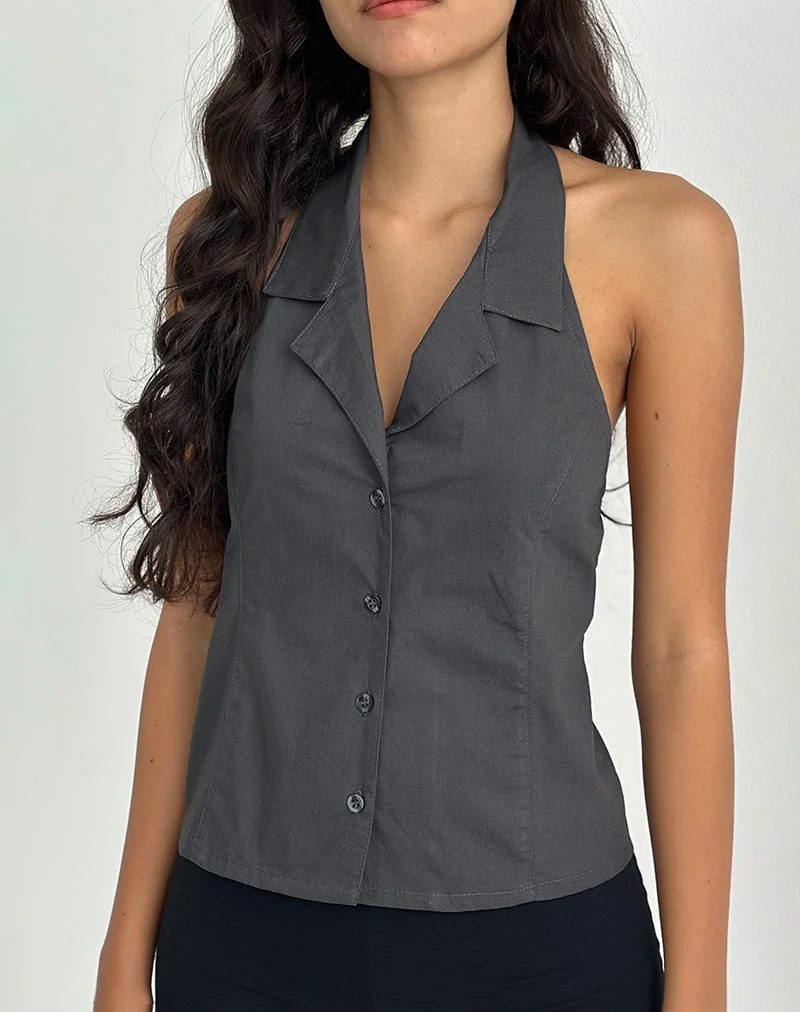 Mikanu Button Down Neckholder Bluse in Anthrazit
