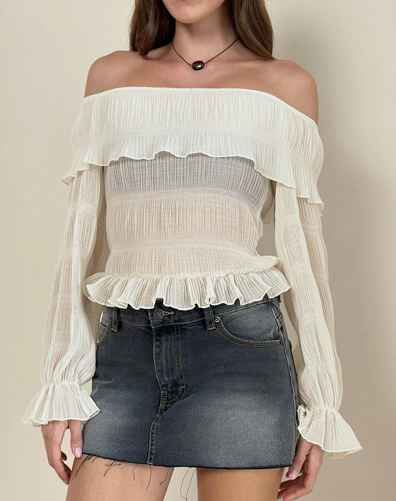 Kalena Langärmeliges Bardot-Top aus Chiffon Plissee Elfenbein