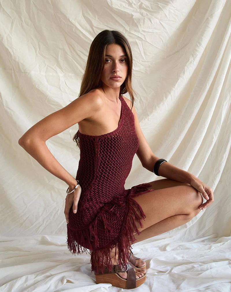 Meloka Asymmetrisches Fransen-Minikleid in Beere