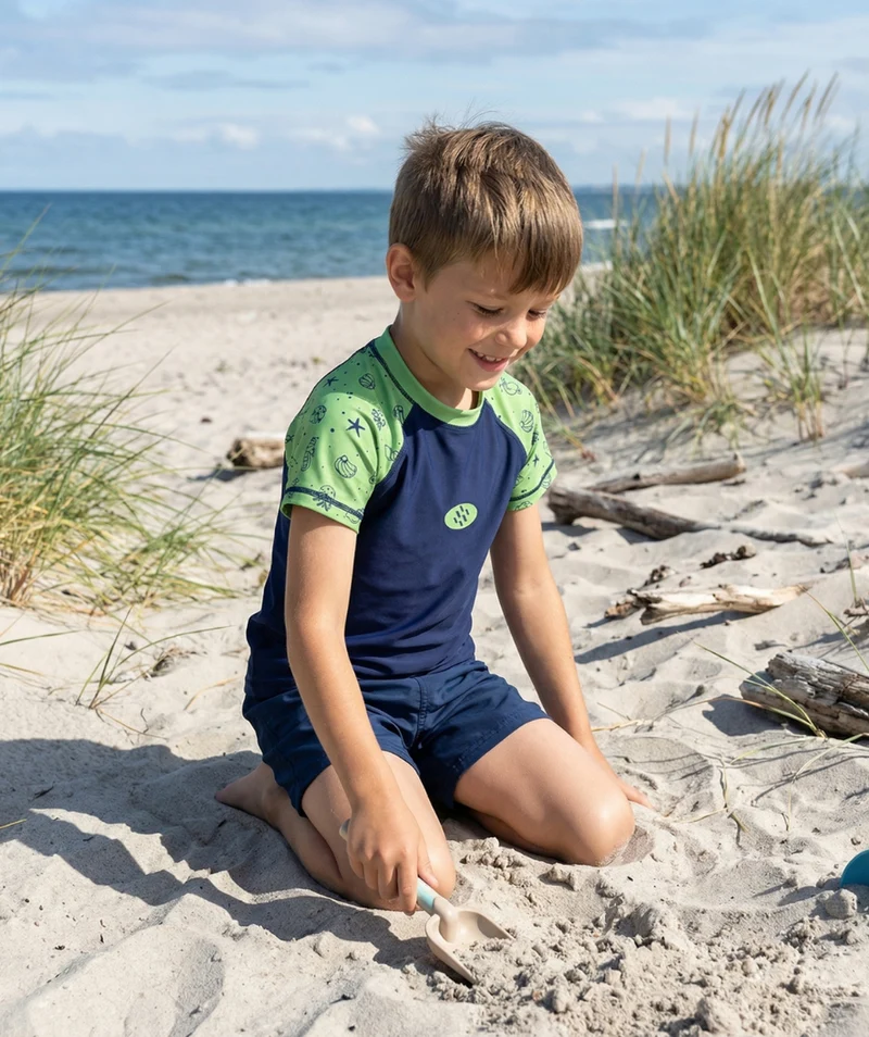Watery UV Shirt für Kinder - Brandman Kurzarm Rashguard - Grün/Blau