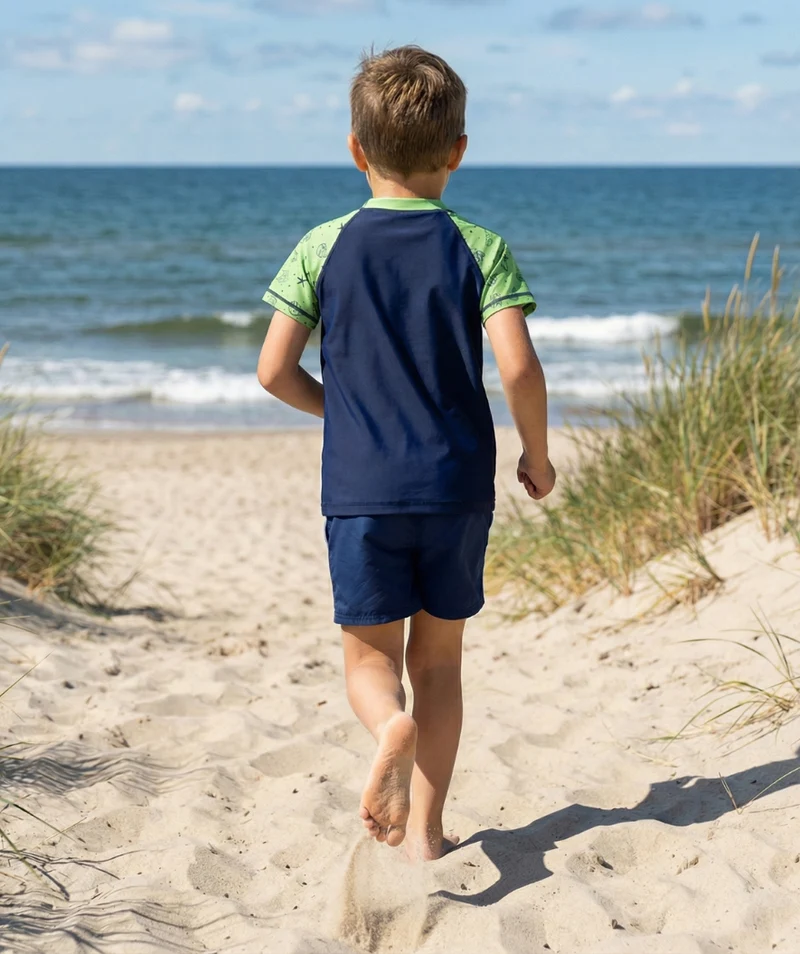 Watery UV Shirt für Kinder - Brandman Kurzarm Rashguard - Grün/Blau
