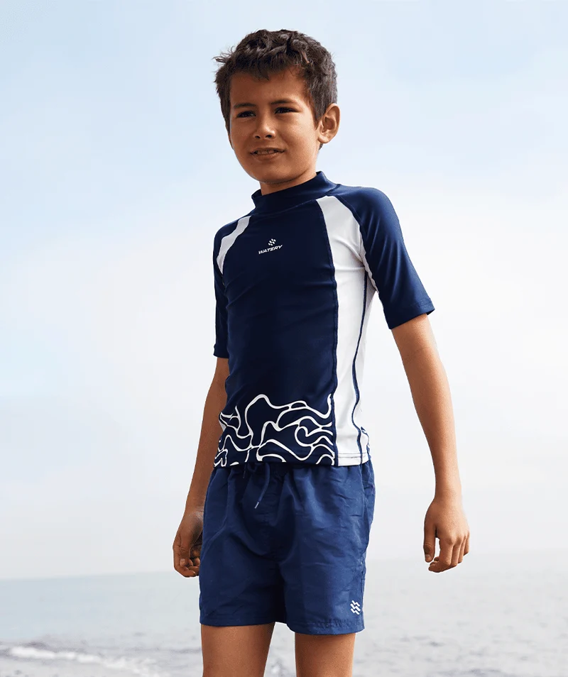 Watery UV Shirt für Kinder - Chilton Kurzarm Rashguard - Dunkelblau/Weiß