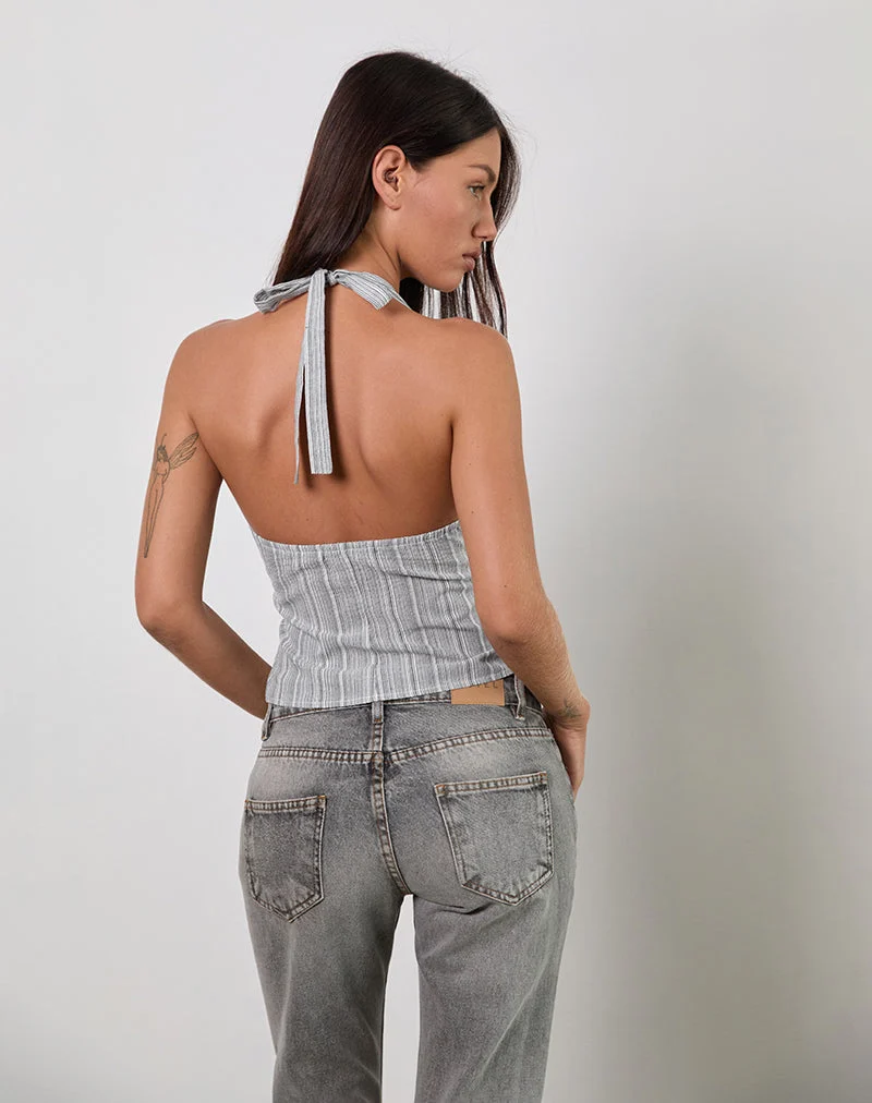 Miyuki Tie Front Neckholder Top aus gewebten Streifen Grau