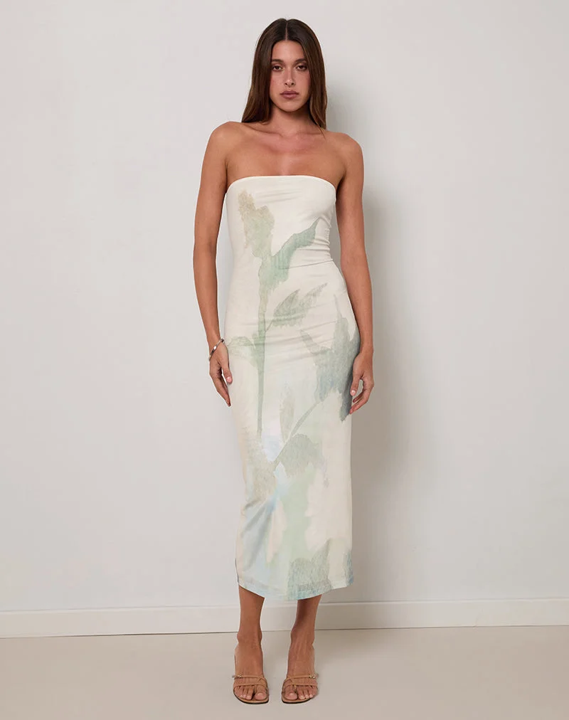 Rosbandi Bandeau-Midikleid aus abstrakter gemalter Blume in Blau