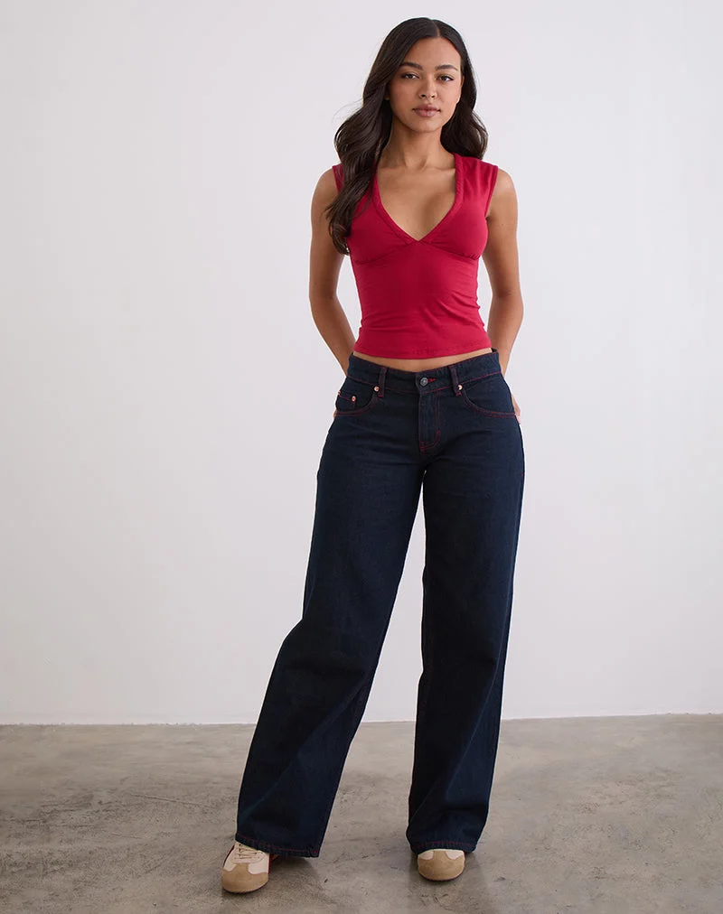 Geräumige Low Rise Jeans in Indigo mit roten Nähten