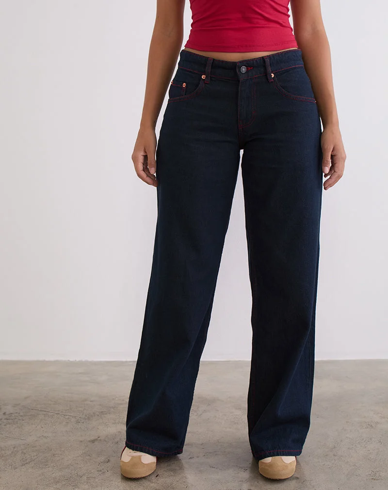 Geräumige Low Rise Jeans in Indigo mit roten Nähten